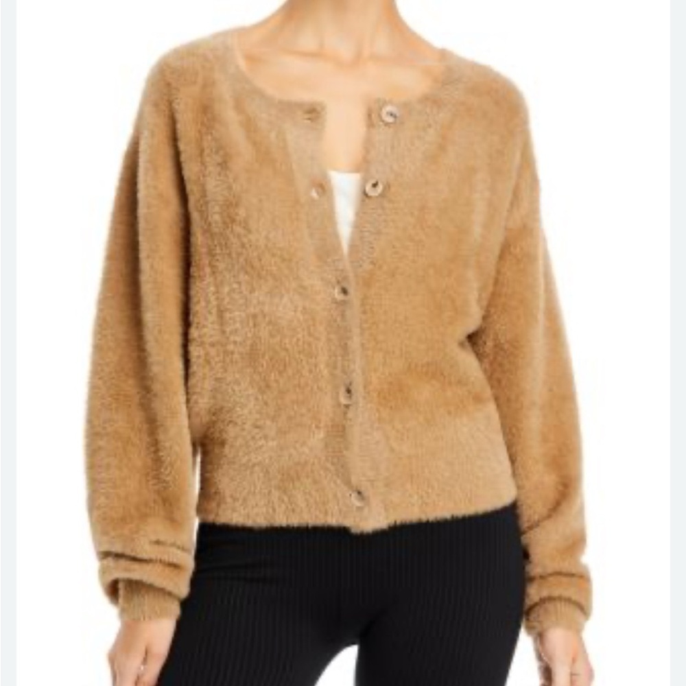 Good American Tan Fuzzy Soft Stretch Fall Cozy Cropped Cardigan‎ Size 5